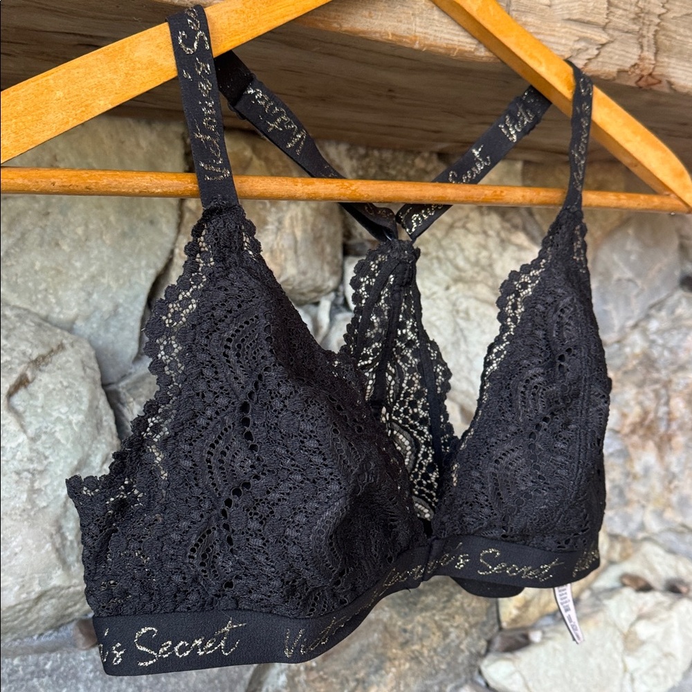Victoria's Secret Black Lace Bralette with Logo Straps size Large